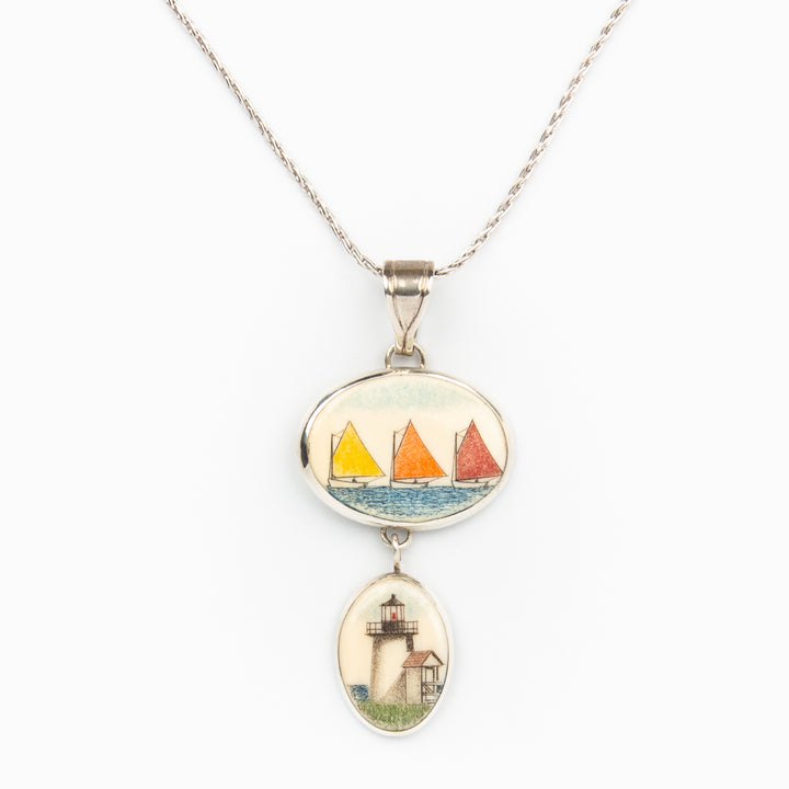 Rainbow Fleet and Lighthouse Necklace - Scrimshaw, Mammoth Ivory, Sterling Silver
