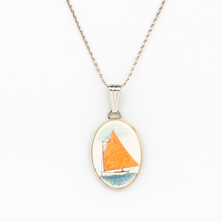 Orange Catboat Necklace Lg - Scrimshaw, Mammoth Ivory, Sterling Silver