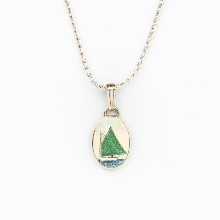 Green Catboat Necklace - Scrimshaw, Mammoth Ivory, Sterling Silver