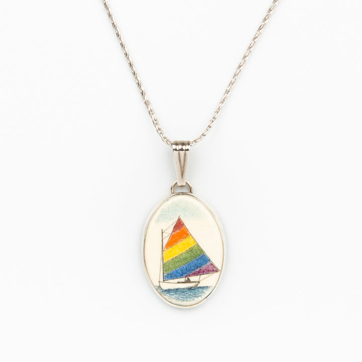 Rainbow Catboat Necklace Lg - Scrimshaw, Mammoth Ivory, Sterling Silver