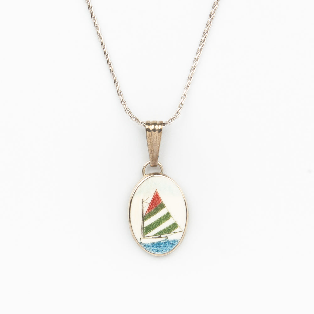 Green, White and Red Catboat Necklace - Scrimshaw, Mammoth Ivory, Sterling Silver