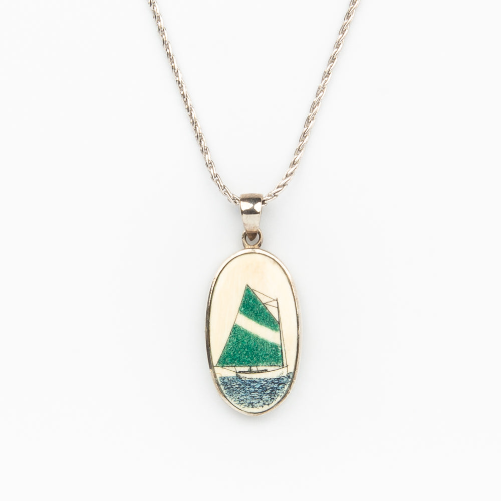 Green and White Catboat Necklace Lg - Scrimshaw, Mammoth Ivory, Sterling Silver