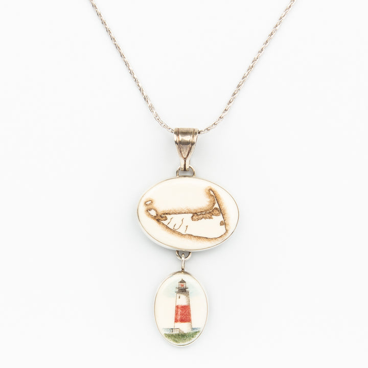 Nantucket Island and Lighthouse Necklace - Scrimshaw, Mammoth Ivory, Sterling Silver