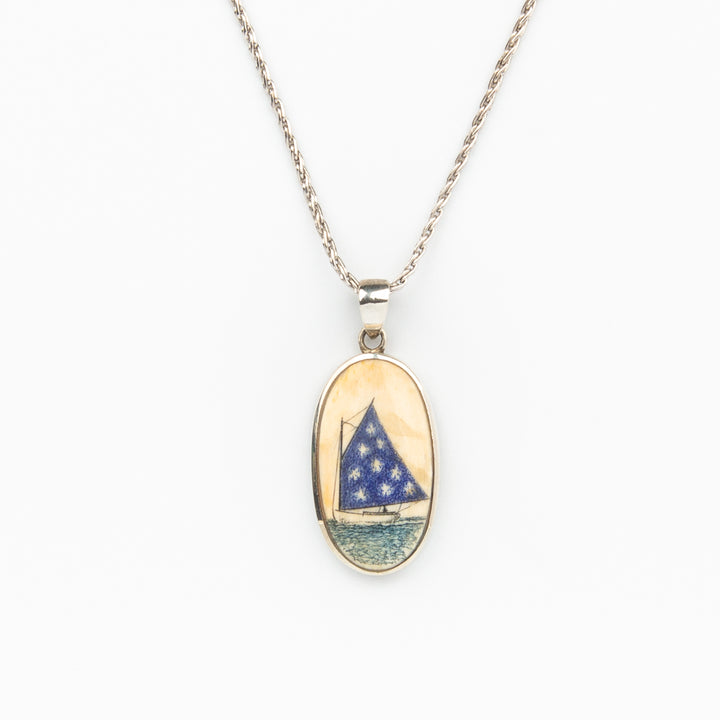 Star Flag Catboat Necklace - Scrimshaw, Mammoth Ivory, Sterling Silver