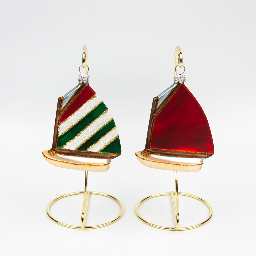 Green Striped and Red Catboat Ornament Set