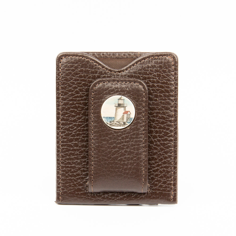 Brant Point Lighthouse Leather Money Clip Brown - Scrimshaw, Mammoth Ivory, Leather