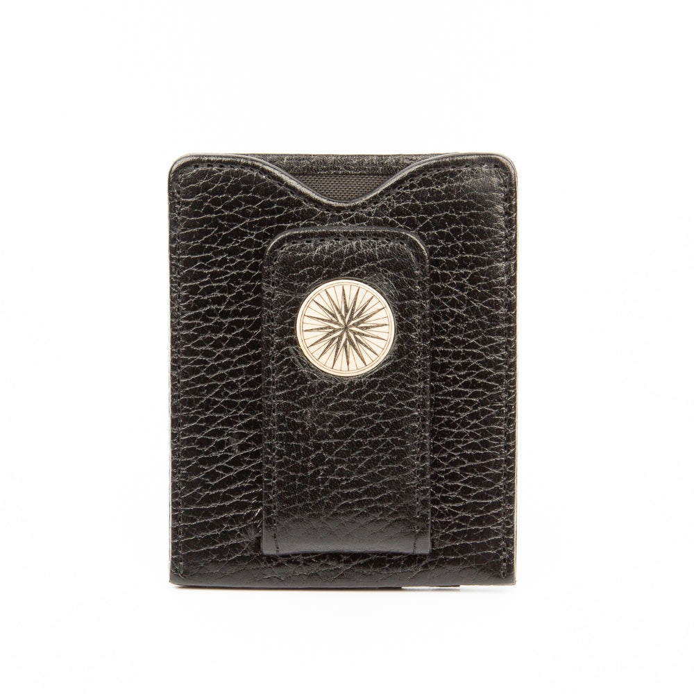 Compass Rose Leather Money Clip Black - Scrimshaw, Mammoth Ivory, Leather