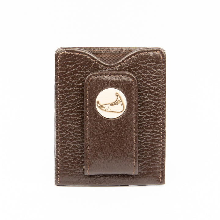 Nantucket Island Leather Money Clip Brown- Scrimshaw, Mammoth Ivory, Leather